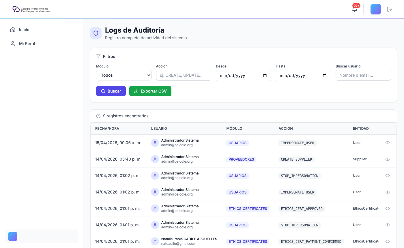 Tabla de auditoría con filtros activos