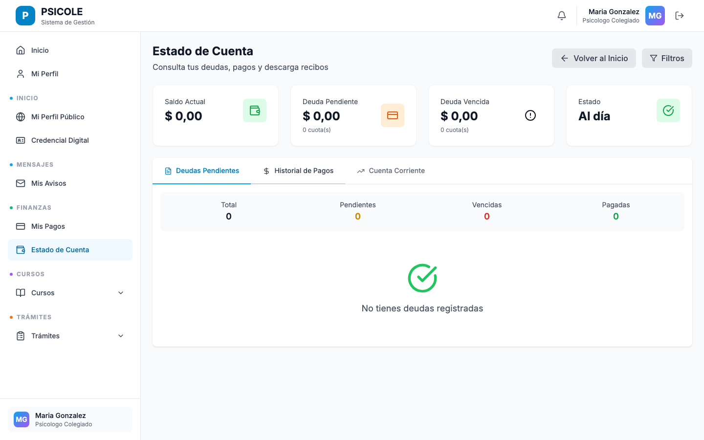 Listado de recibos con filtro por período y botón de descarga