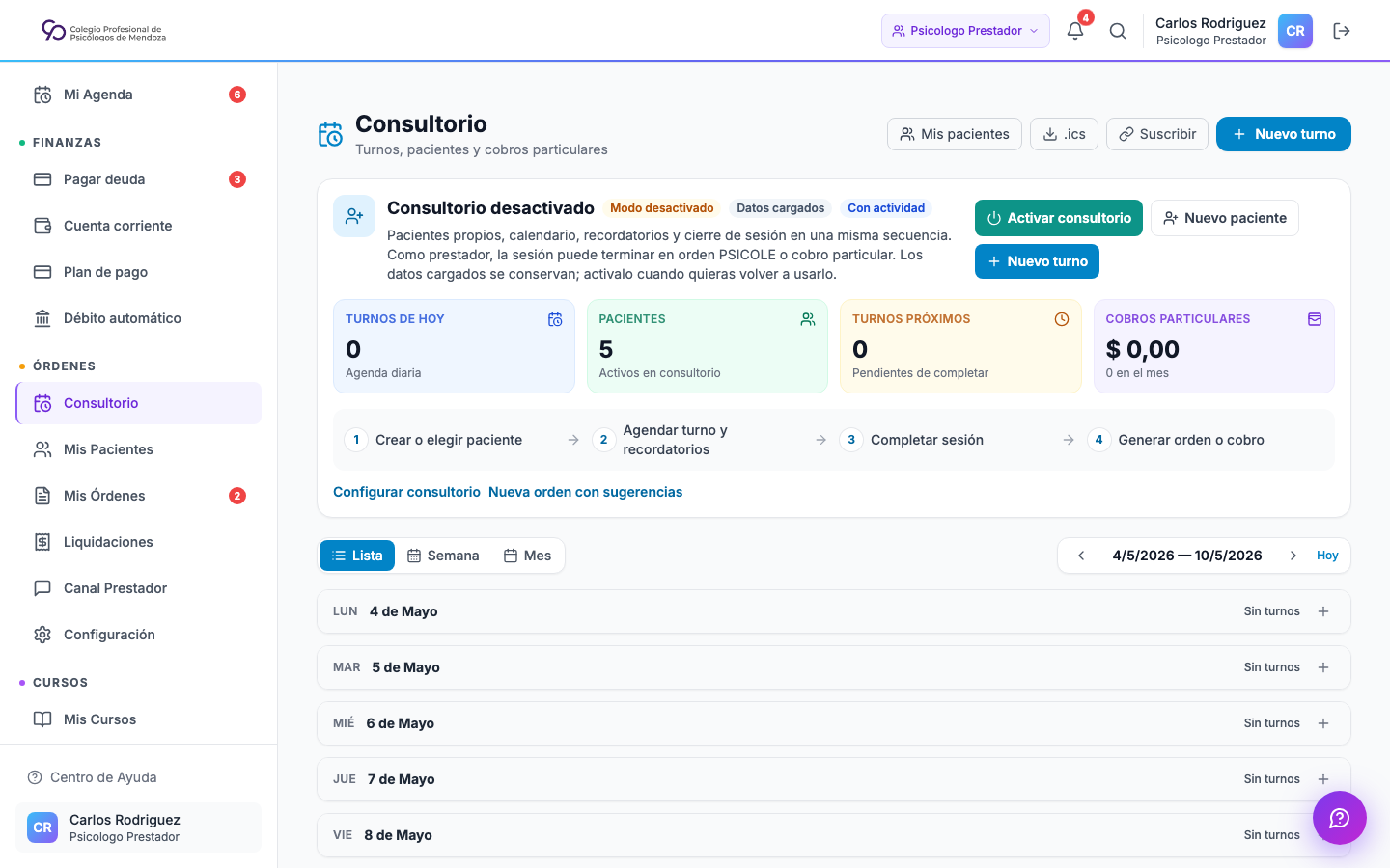Dashboard del consultorio con estado activo, turnos y pacientes