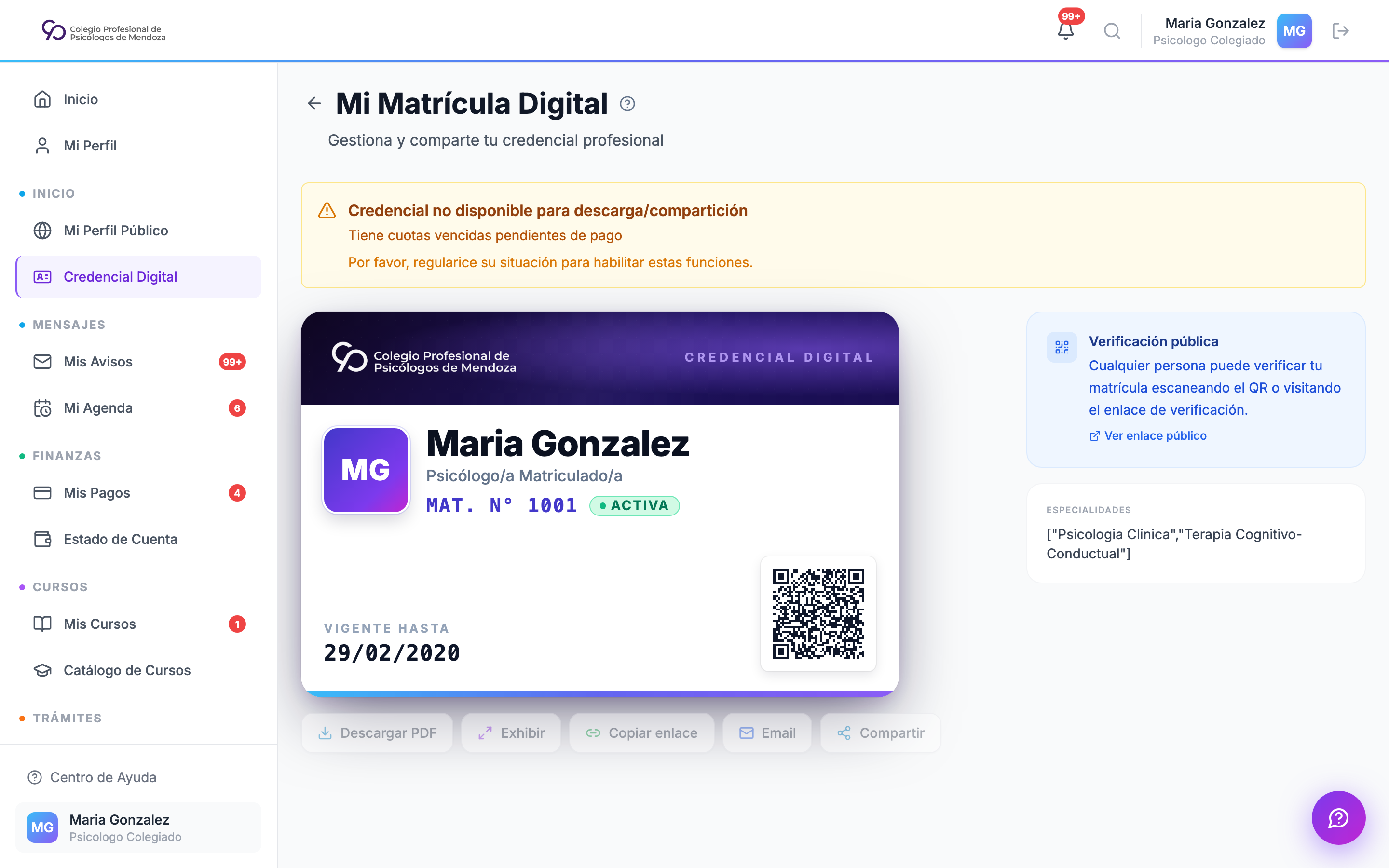 Página completa de la credencial digital con barra de acciones y panel de verificación pública