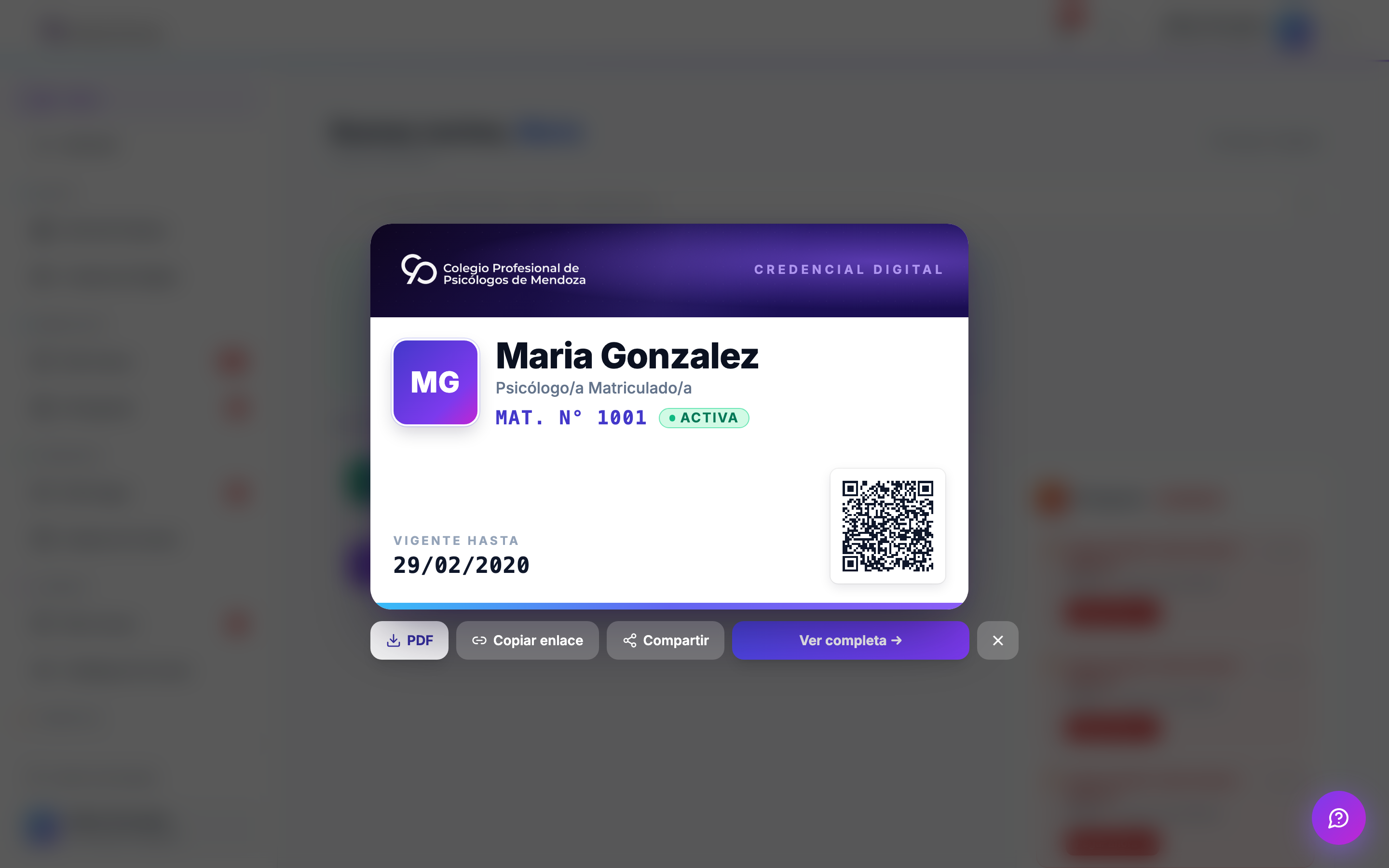 Modal de credencial digital abierto desde el dashboard con QR ampliado y acciones rápidas