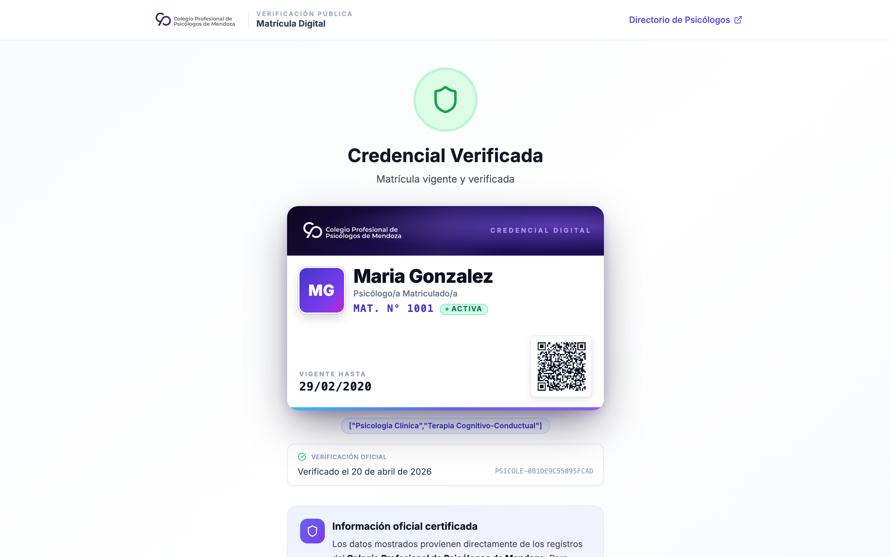 Página pública de verificación de credencial con datos del profesional y credencial digital embebida