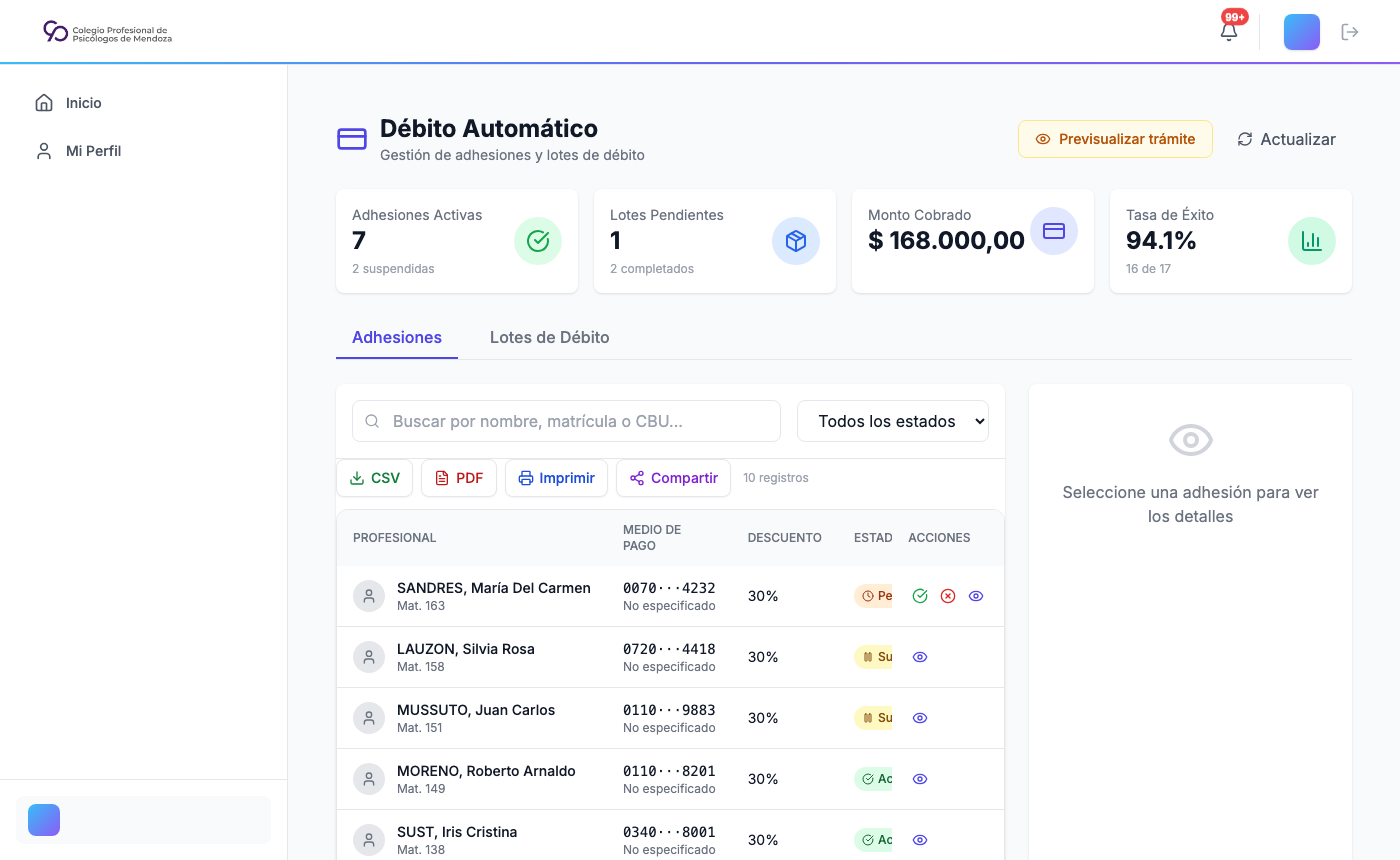 Panel de débito automático administrativo con estadísticas y lista de adhesiones
