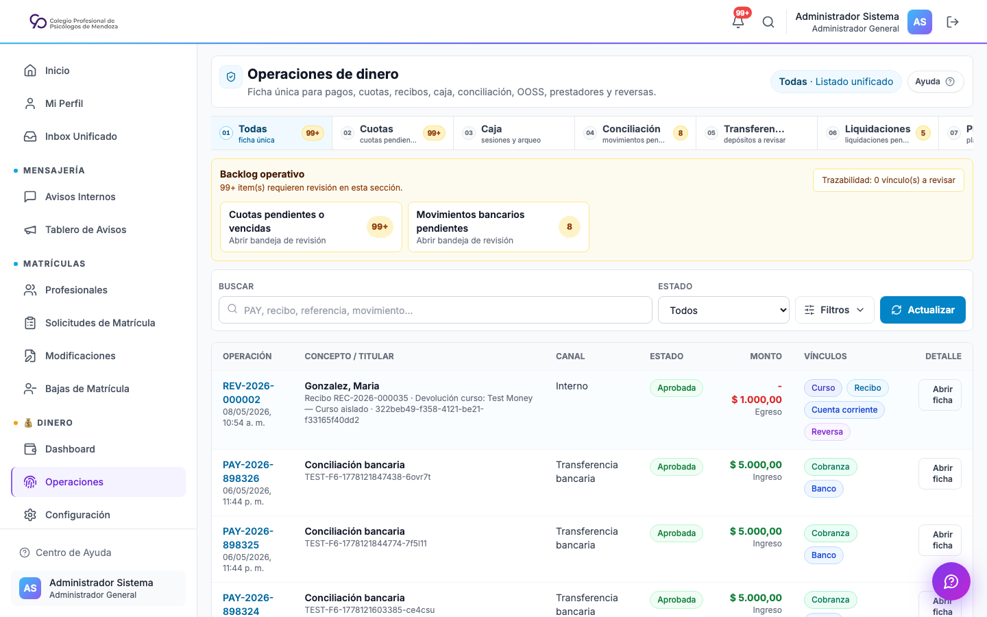 Vista de operaciones de dinero con filtros y submódulos