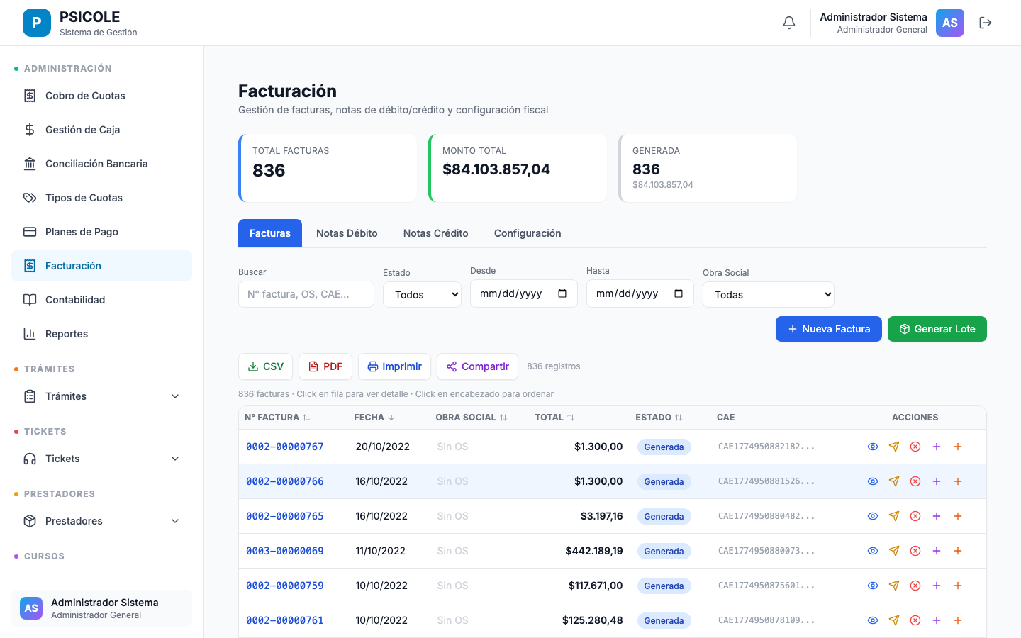 Tabla de configuración de comisiones con columnas de tipo, valor y vigencias