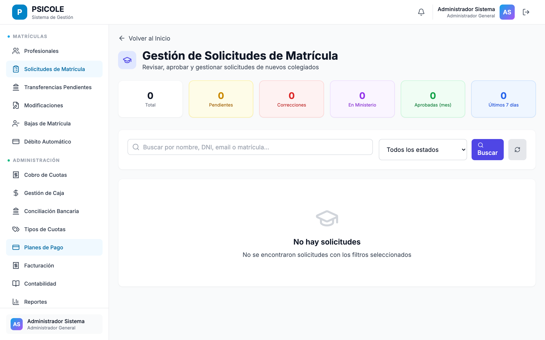Bandeja de solicitudes pendientes con filtros por estado y tipo