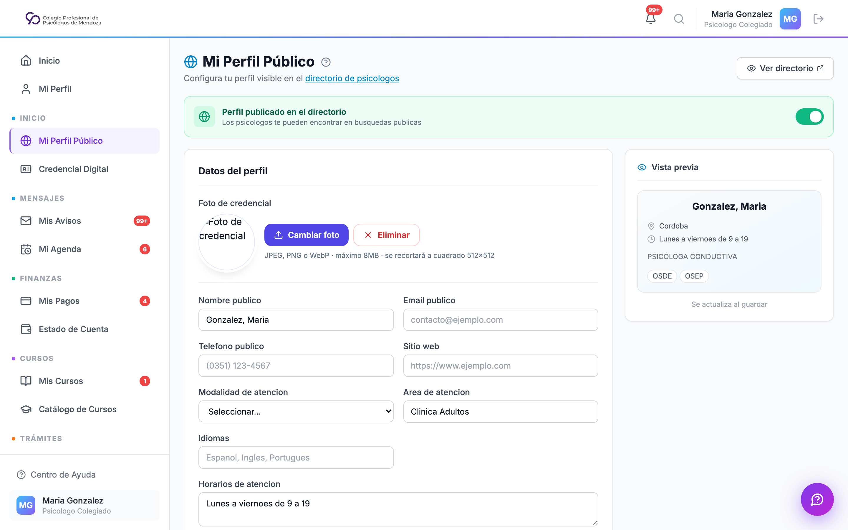 Página Mi Perfil Público con PhotoUploader en la cabecera, formulario de datos de directorio y tarjeta de Vista previa en el sidebar