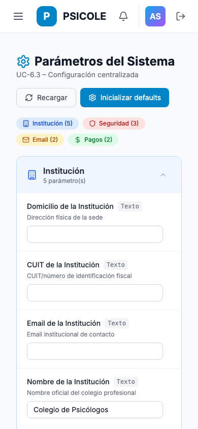 Configuración de parámetros del sistema — móvil