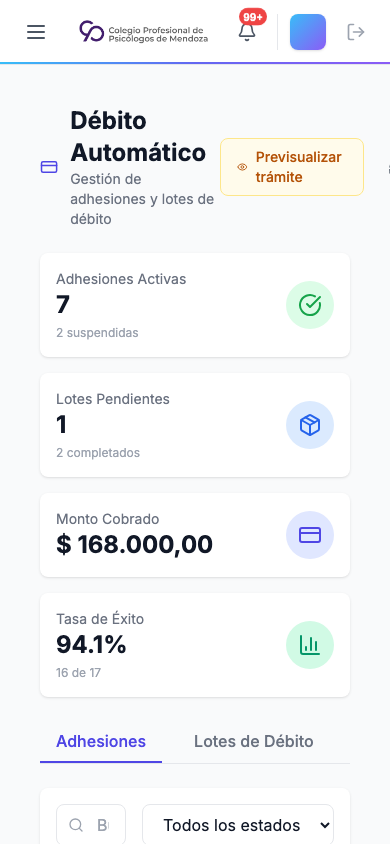 Panel de débito automático en celular