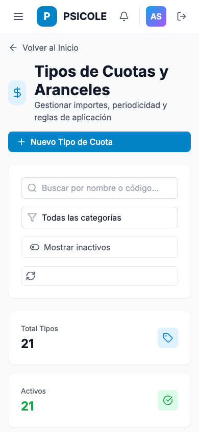 Definición de tipos de cuota y aranceles — móvil