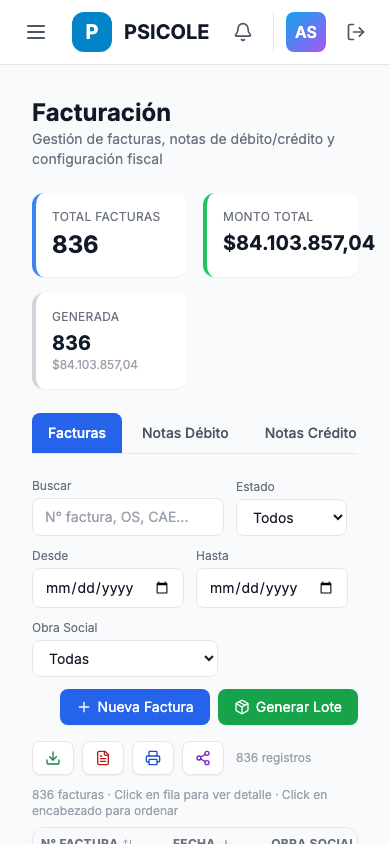 Panel de liquidaciones y comisiones a prestadores — móvil