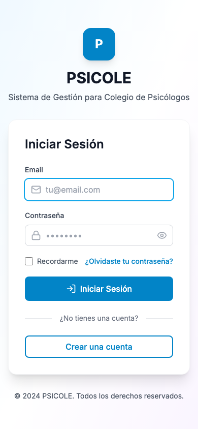 Pantalla de inicio de sesión en PSICOLE — móvil