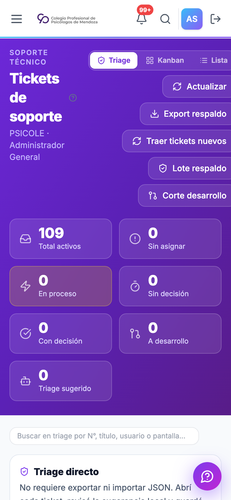 Vista mobile del triage directo