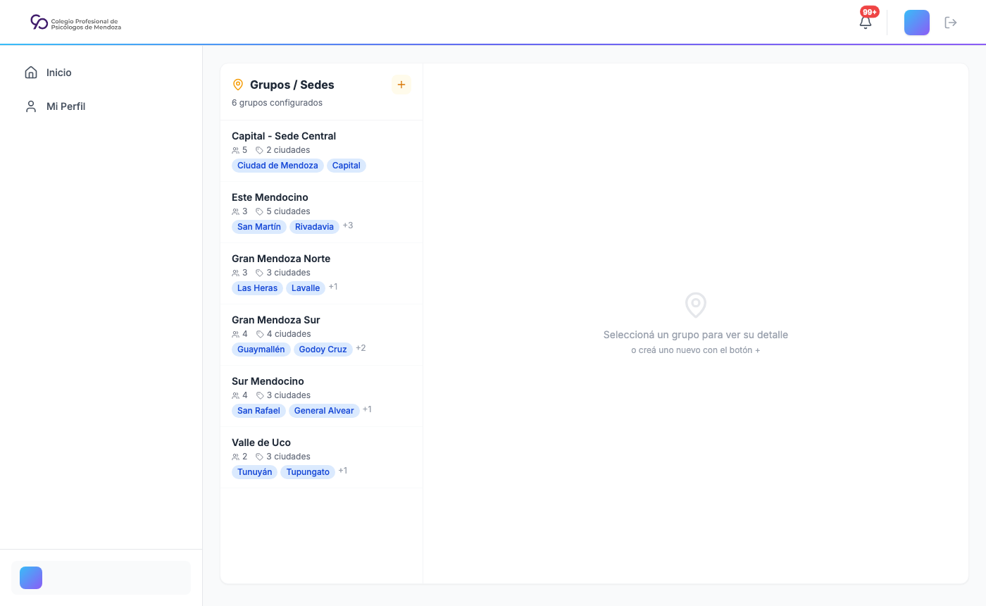 Vista de grupos con panel de lista y detalle lateral