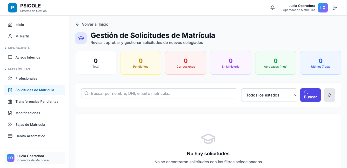Bandeja de solicitudes de matrícula
