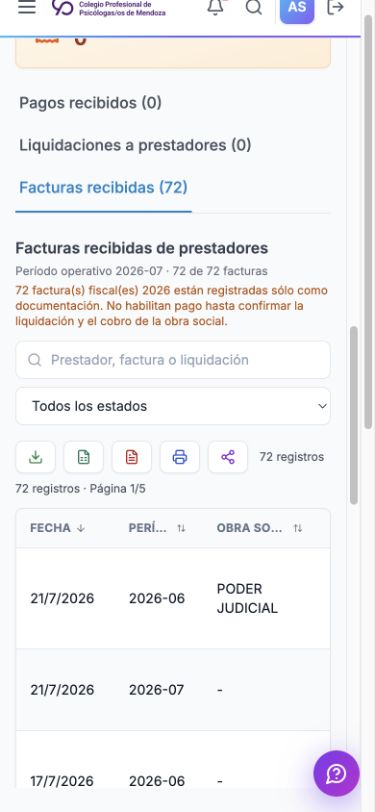 Facturas recibidas con búsqueda, filtro y tabla desplazable en móvil