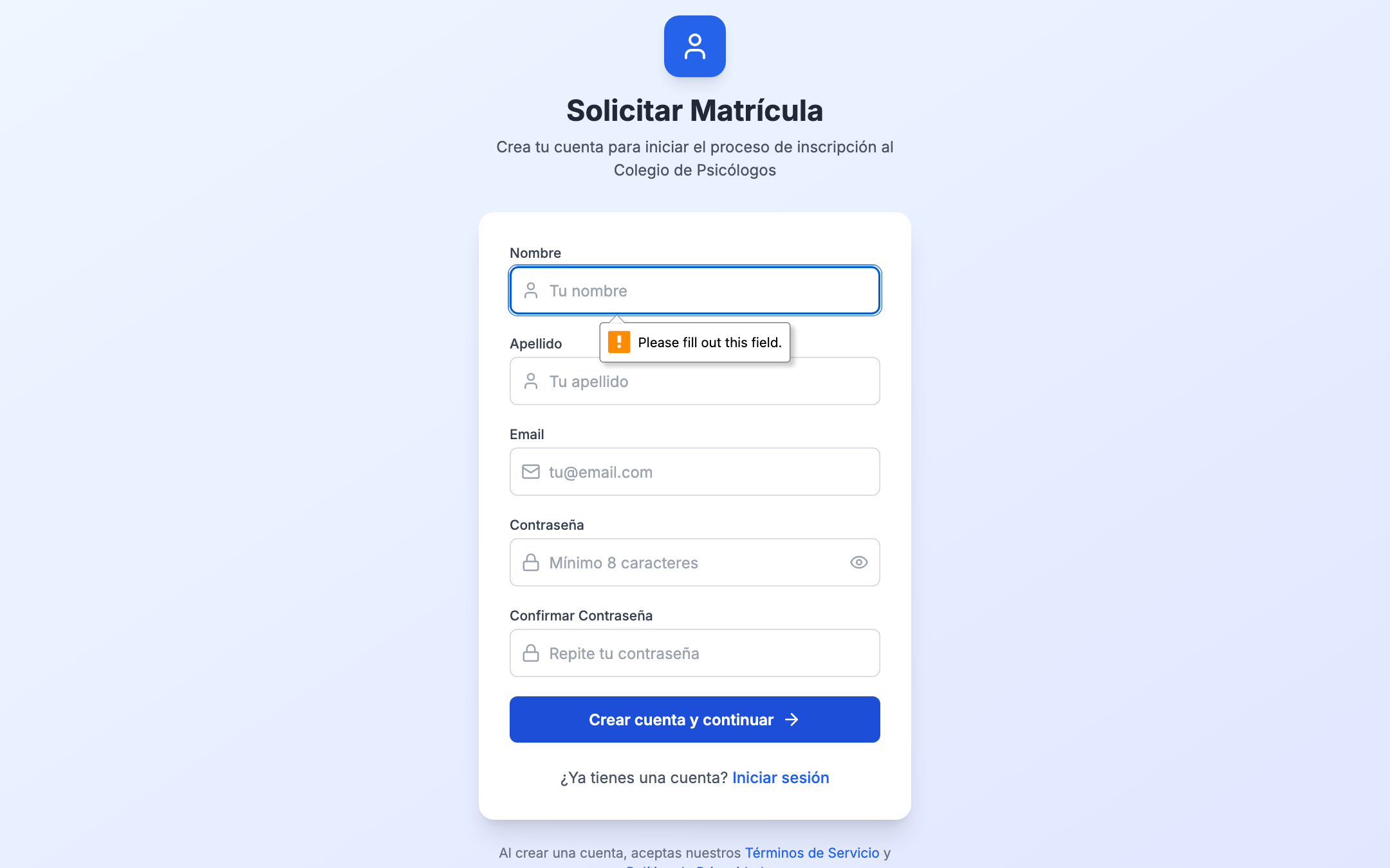 Formulario de datos académicos con selector de especialidades