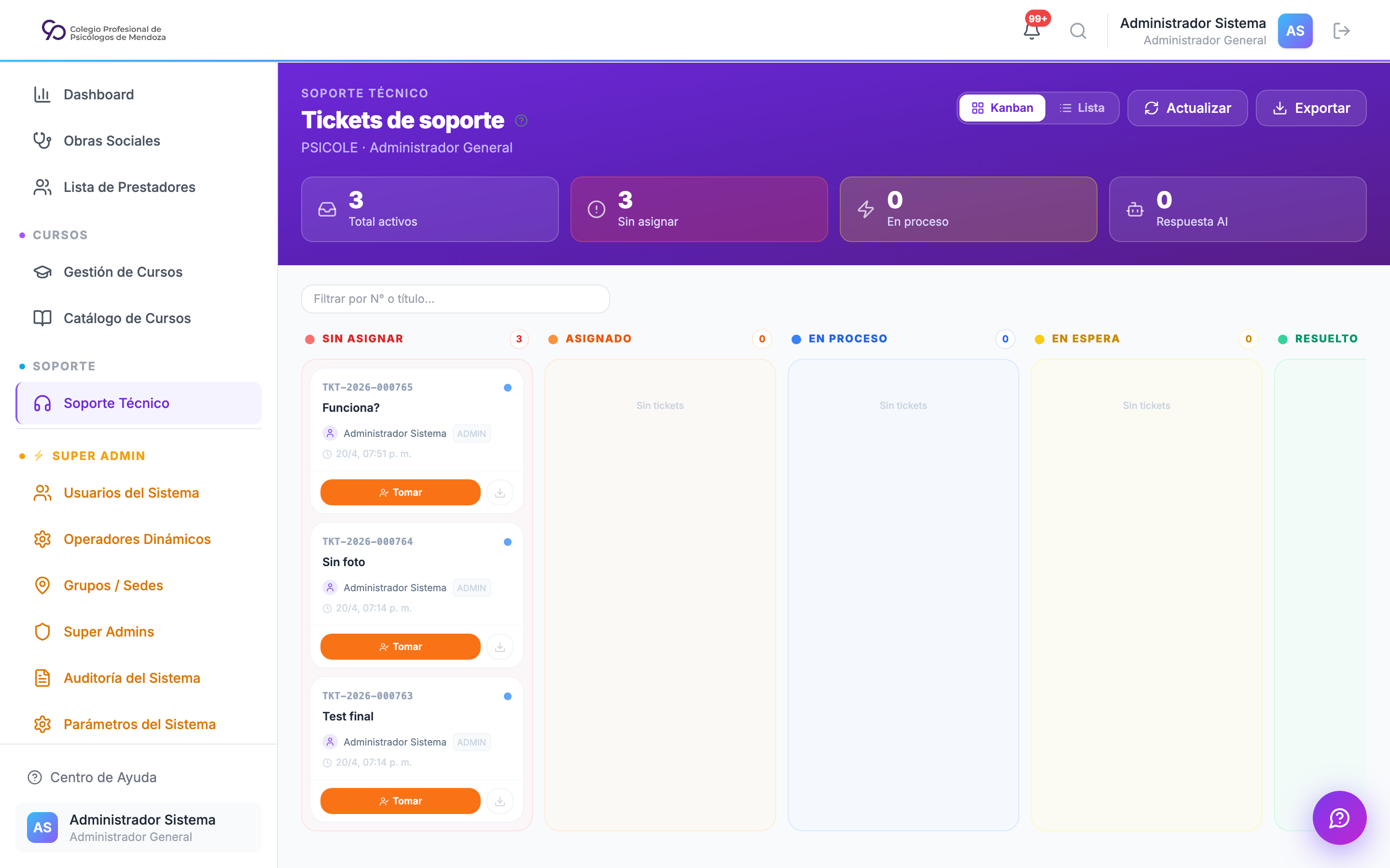 Kanban de Soporte Técnico del Admin con columnas Sin Asignar, Asignado, En Proceso, En Espera y Resuelto y KPIs en la cabecera