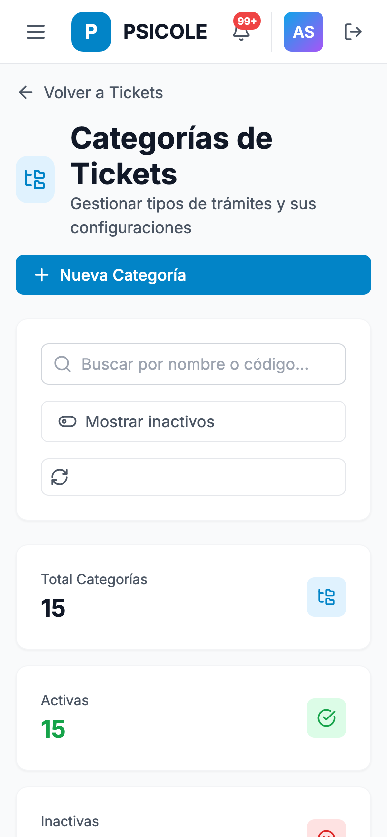 Categorías en pantalla de celular