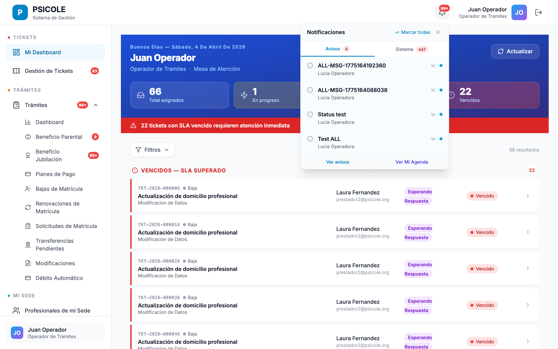 Panel de notificaciones con ticket asignado