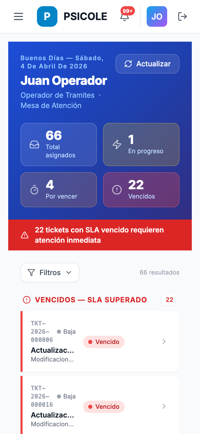 Dashboard del operador en celular