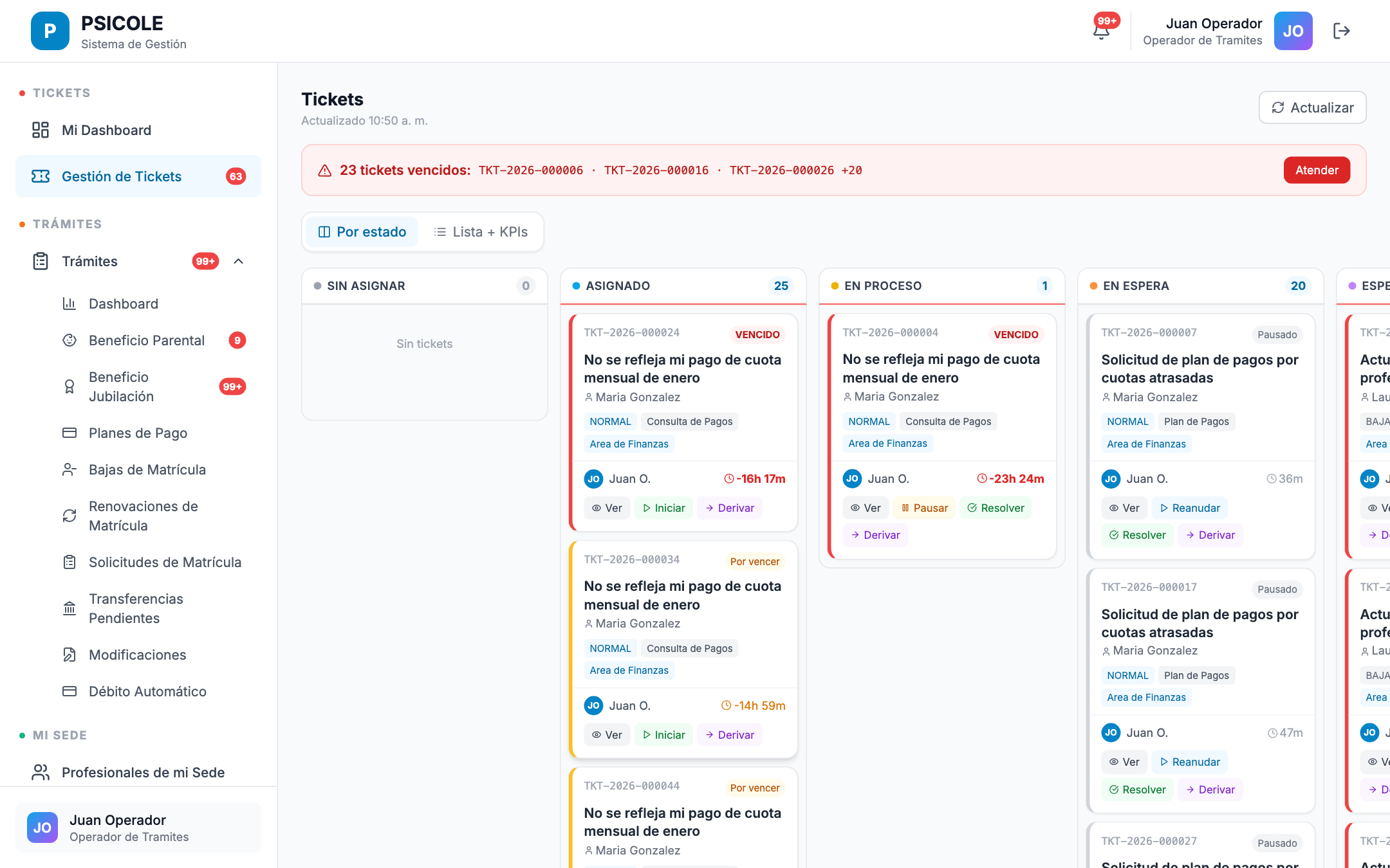 Kanban de tickets del operador en desktop