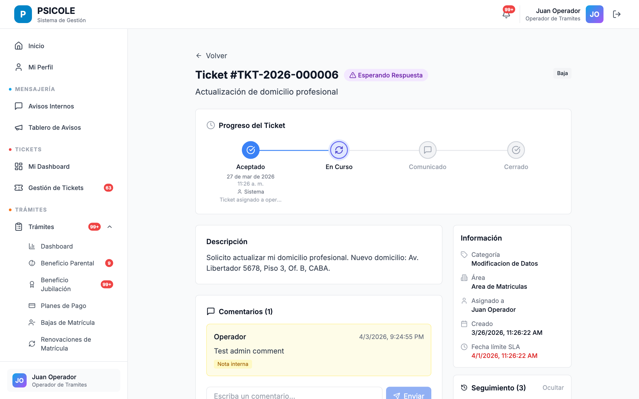 Detalle de ticket en desktop