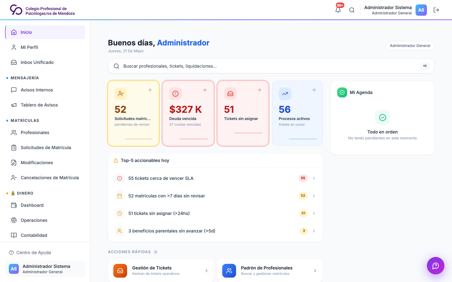 Dashboard administrativo en escritorio