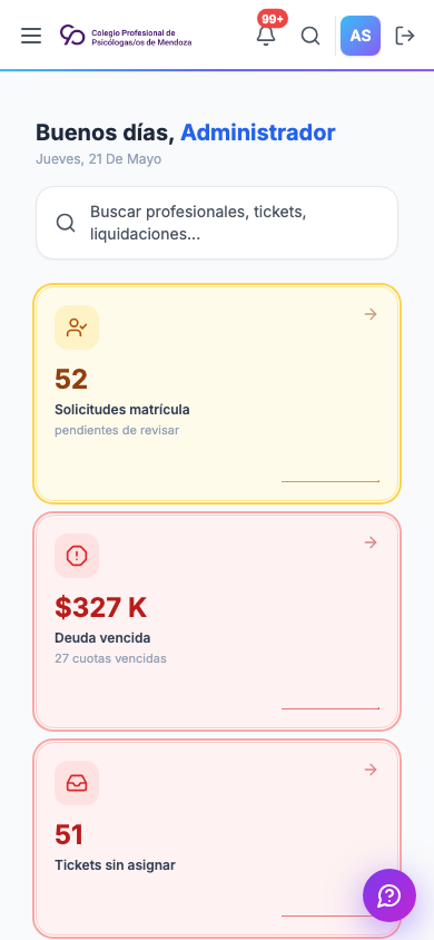Dashboard administrativo en celular