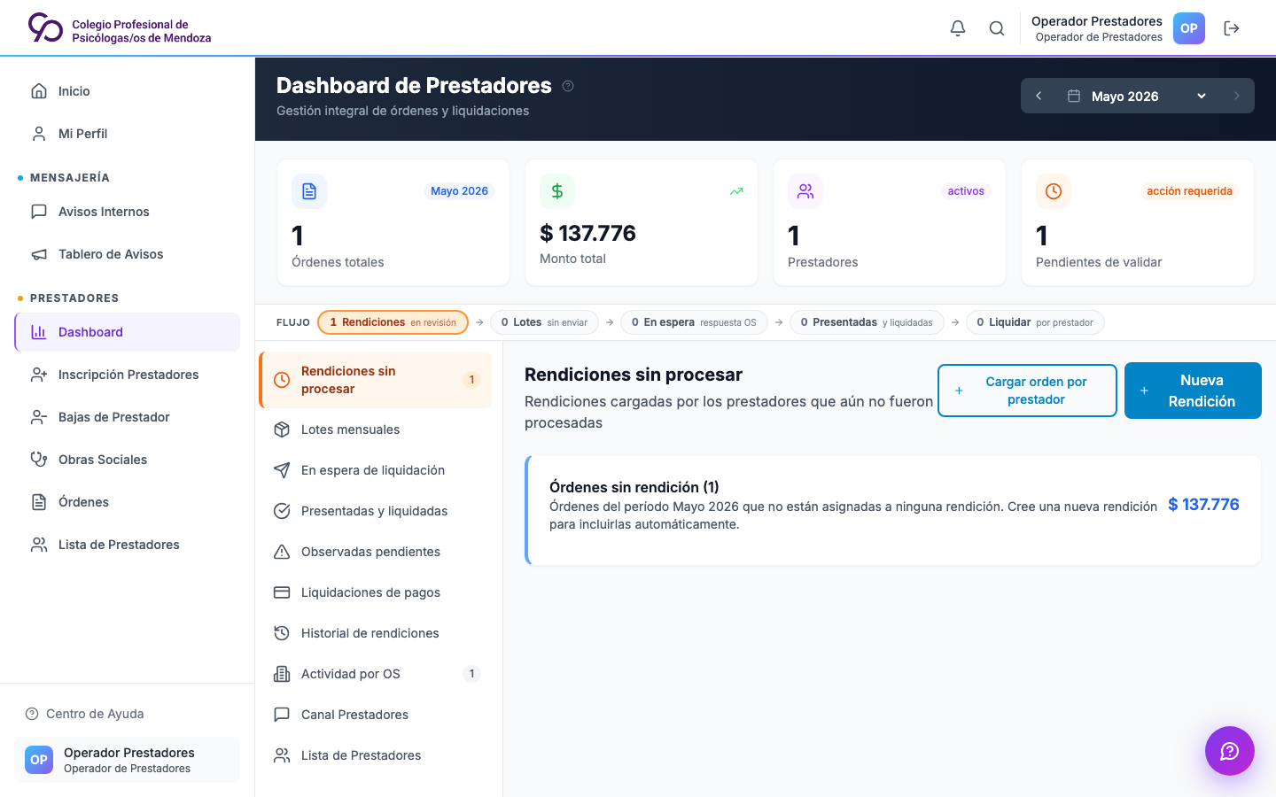 Panel de prestadores operador en escritorio