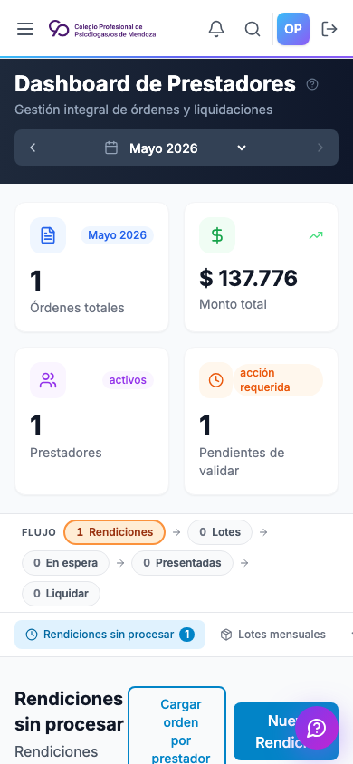 Panel de prestadores operador en celular